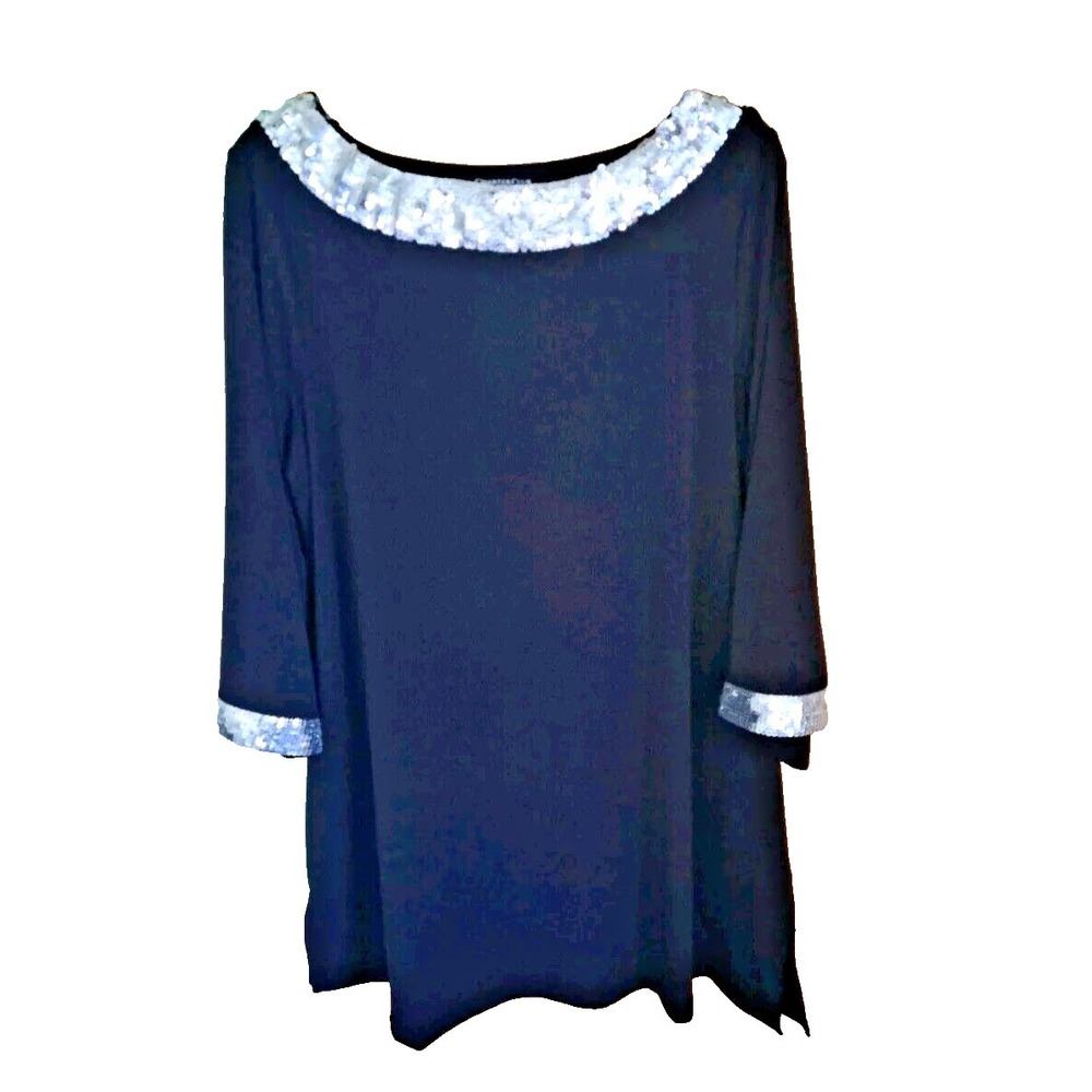Charter Club Tunic Top 1X Solid Black Silver Sequin Trim 3/4 Sleeve Pullover